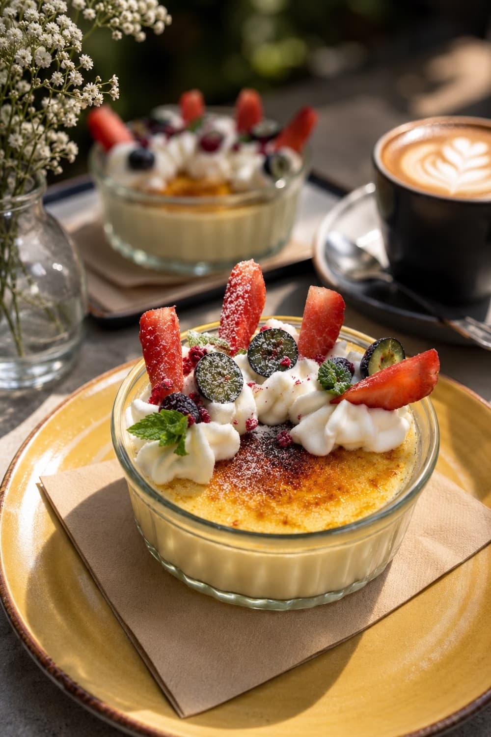 Crème brûlée with berries and cream at LA Cafe Bistro
