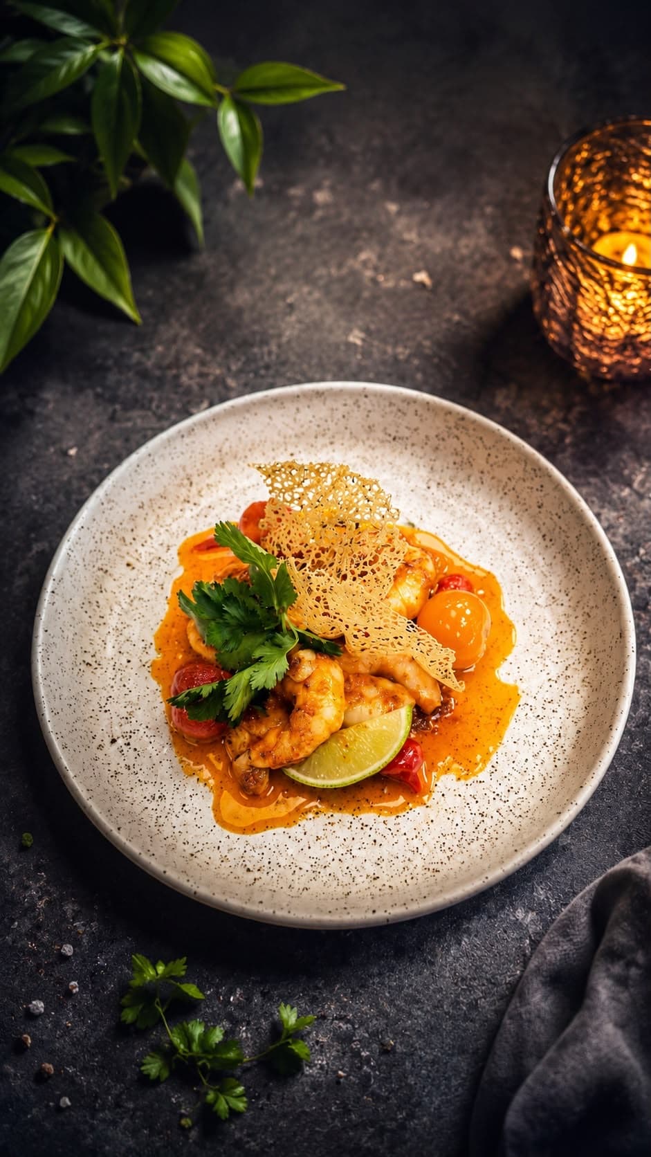 LA Cafe evening dish — chilli & garlic king prawns by candlelight