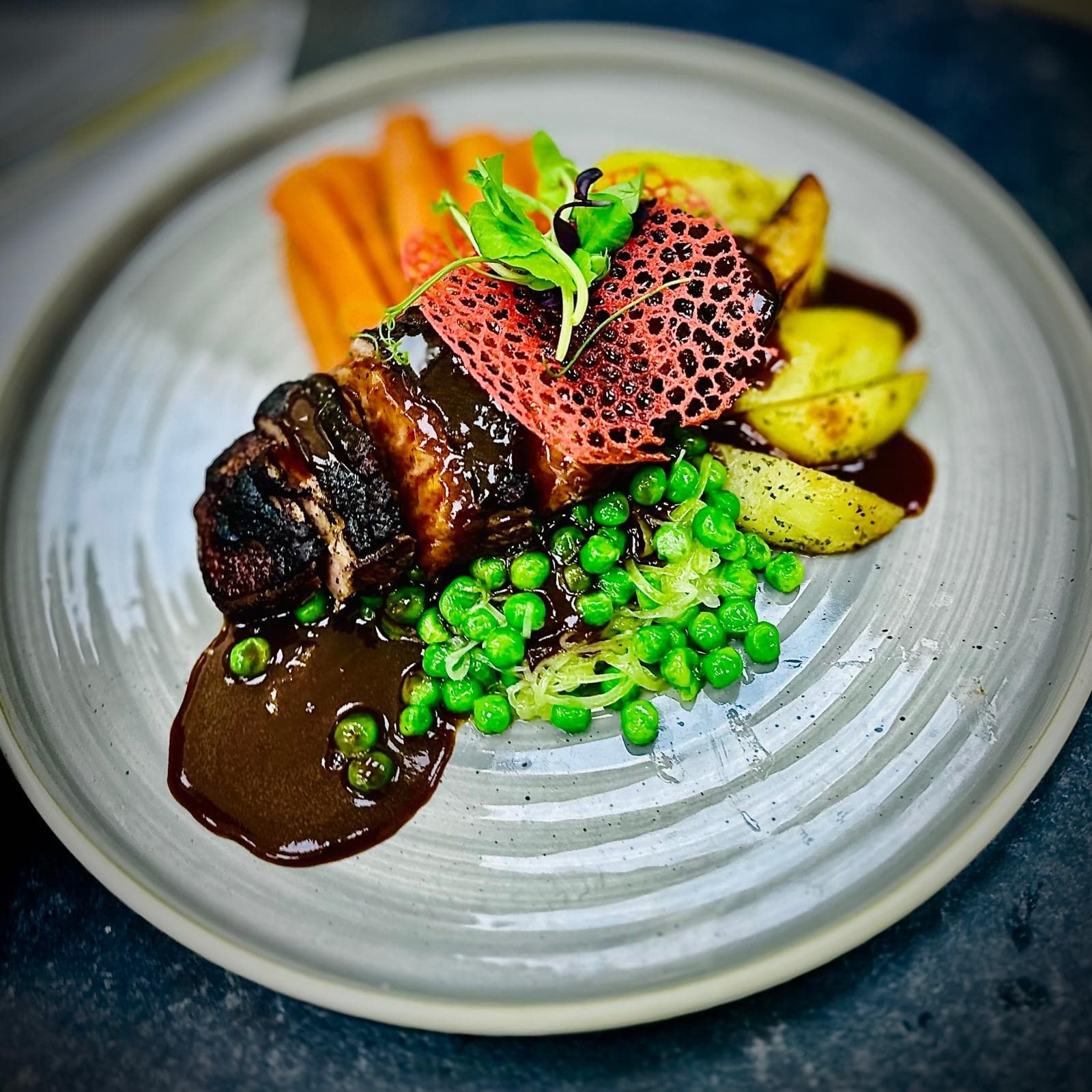 Slow-cooked beef with seasonal veg
