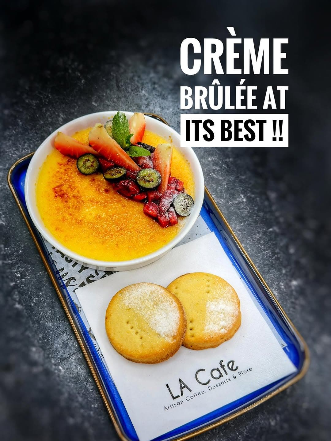 Crème brûlée with mascarpone and madeleines