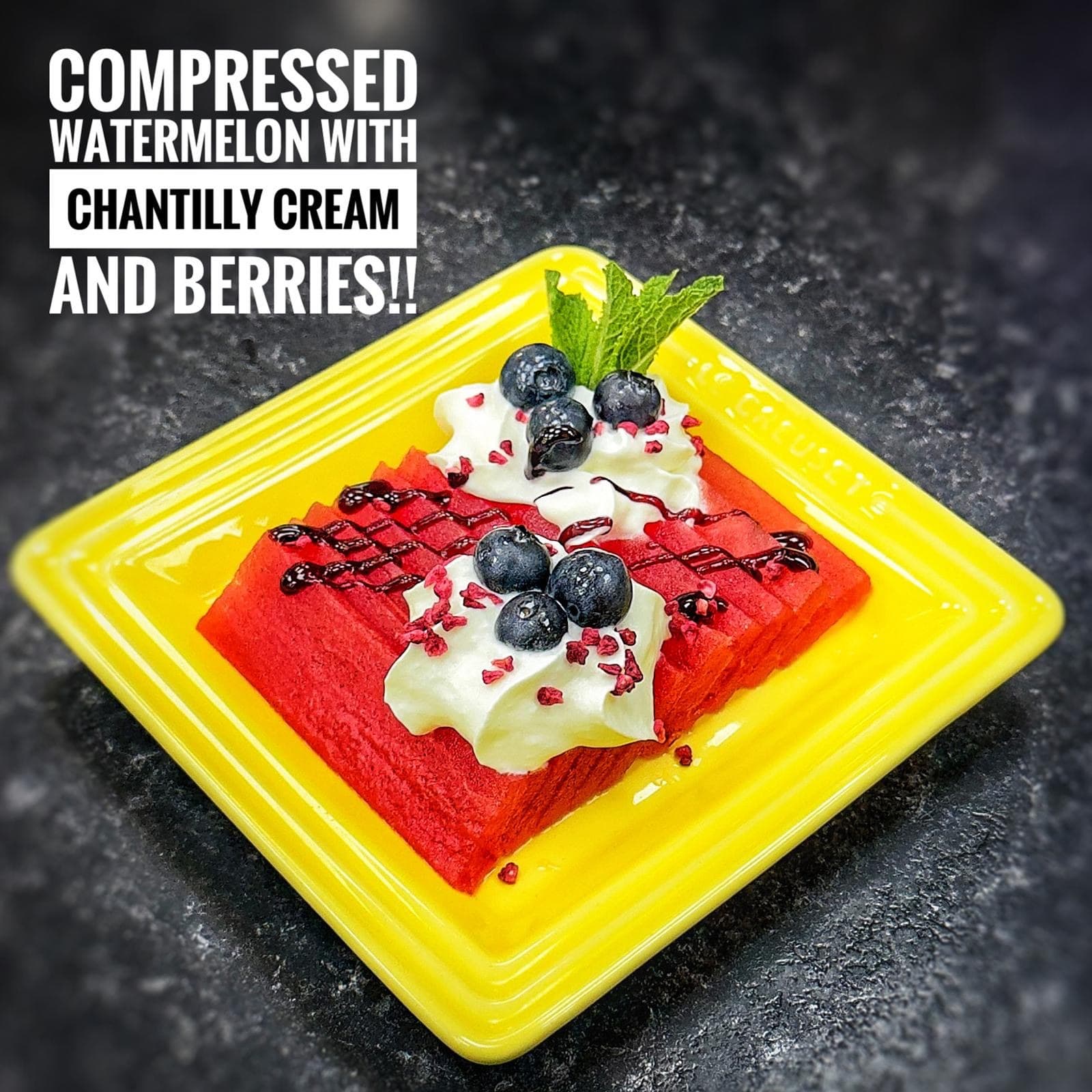 Compressed watermelon with chantilly cream and berries